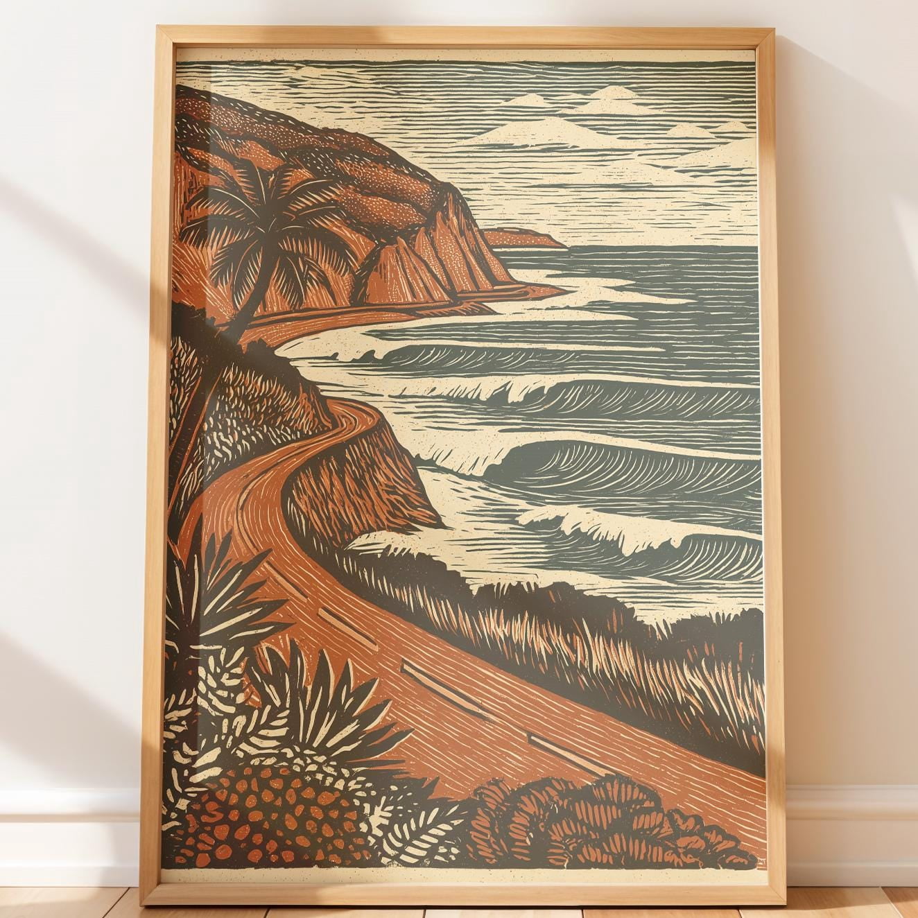 California Coastline Vintage Retro Folk Art Style Native Retro Lino ...