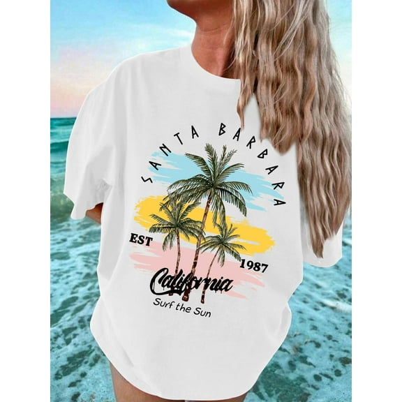 California Coconut Trees Graphic Print Trendy T-shirt, Soft & Elastic Comfy Crew Neck Short Sleeve Tees, Girl's Summer Tops