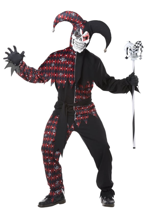 Men's Sinister Jester Mardi Gras Carnival Costumes, Black/Red, Medium