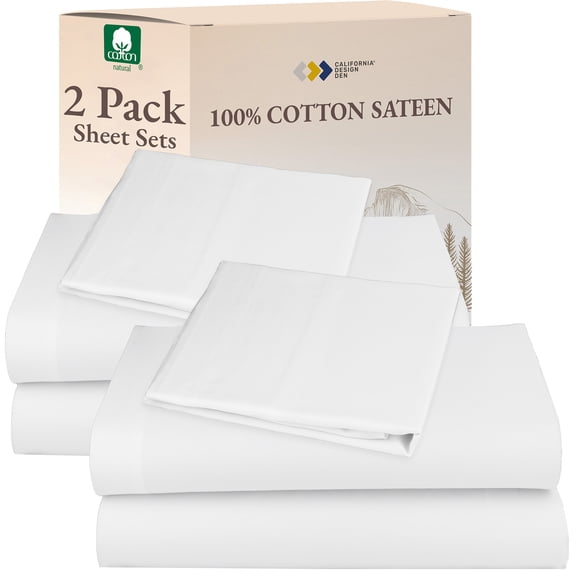 California Design Den Pack of 2 Twin Sheet Set - 100% Cotton Sateen Sheets, Soft & Breathable - White