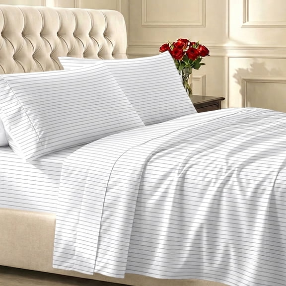 California Design Den 100% Cotton Full Size Sheets Set - 400 Thread Count Sateen Bedding Sheets, Bed Sheets Full Cotton, Breathable Adult/Teen 4 Piece Bed Sheet Set Set - Pinstripe Print
