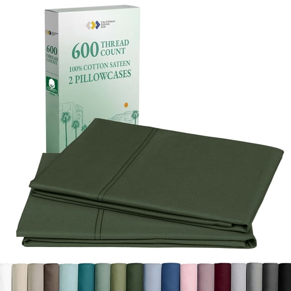 California Design Den 100% Cotton Pillow Cases Set of 2 Queen - 600 Thread Count Sateen, Fits Standard/Queen Pillows - Dark Olive Green