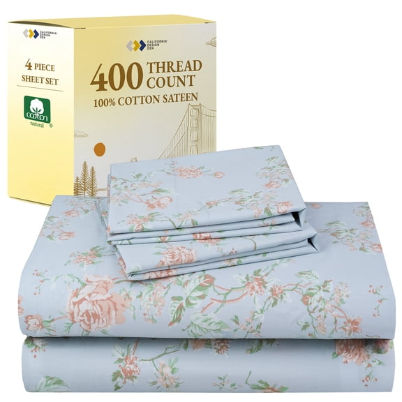 California Design Den 100% Cotton Queen Bed Sheets Set - 400 Thread Count Sateen Lightweight Sheet Set, Breathable Queen Cotton Sheet Set, 4 Piece Adult/Teen Bed Sheet Set - Floral Print (Blue/Pink)