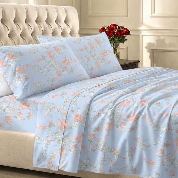 California Design Den 100% Cotton Queen Bed Sheets Set - 400 Thread Count Sateen Lightweight Sheet Set, Breathable Queen Cotton Sheet Set, 4 Piece Adult/Teen Bed Sheet Set - Floral Print (Blue/Pink)