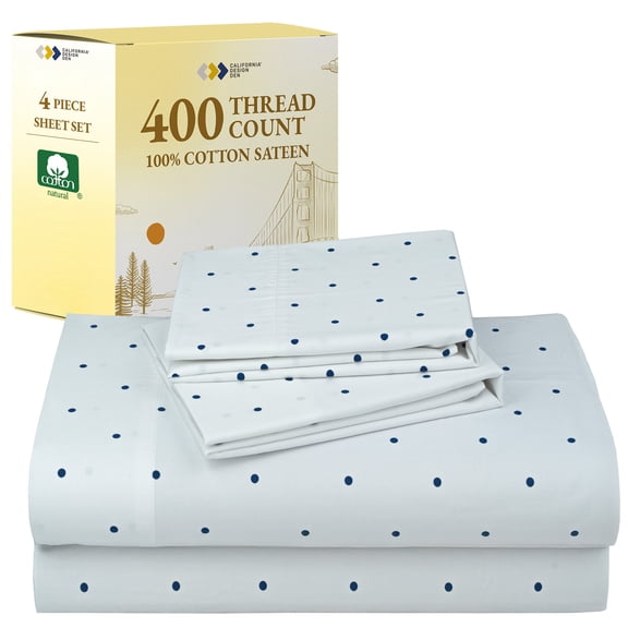 California Design Den 100% Cotton Queen Bed Sheets Set - 400 Thread Count Sateen Queen Bedsheets, Breathable, 4 Piece Adult/Teen Deep Pocket Bed Sheet Set - Polka Dot Print