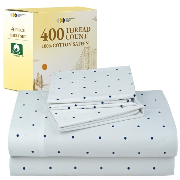 California Design Den 100% Cotton Queen Bed Sheets Set - 400 Thread Count Sateen Queen Bedsheets, Breathable, 4 Piece Adult/Teen Deep Pocket Bed Sheet Set - Polka Dot Print