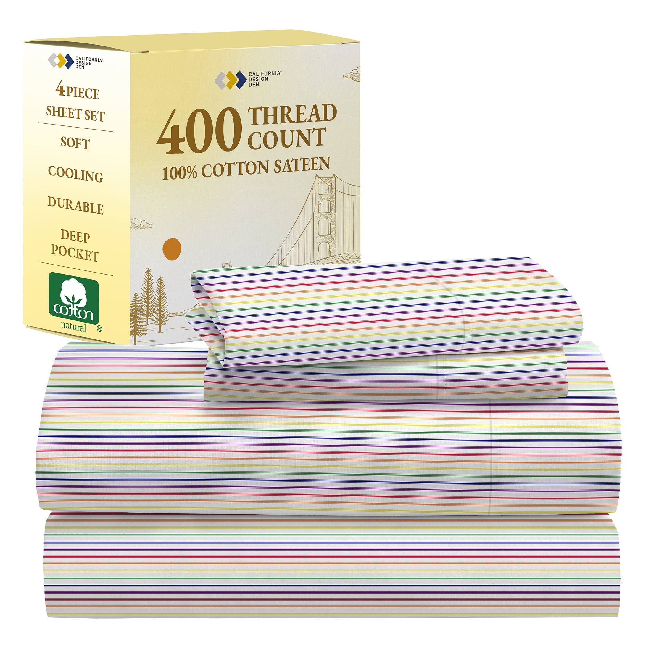 California King Blue Cotton Rainbow Stripe Sheet Set