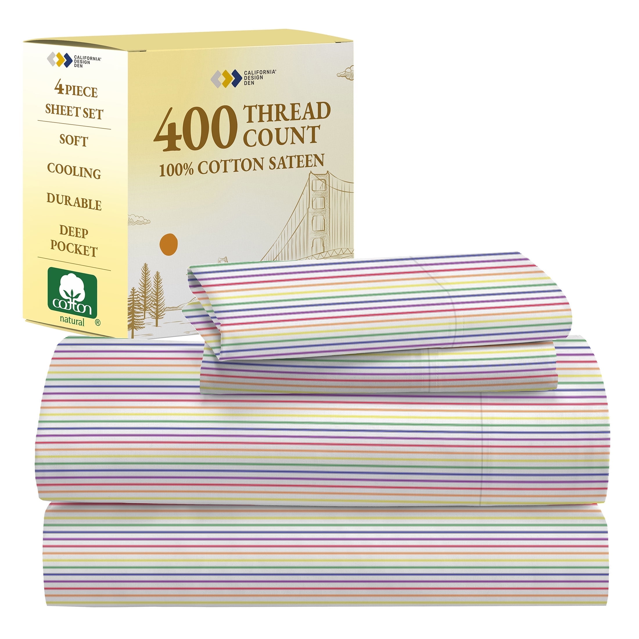 California King Blue Cotton Rainbow Stripe Sheet Set