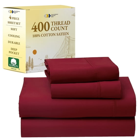 California Design Den 100% Cotton Queen Sheets Set - 400 Thread Count Sateen, 4 Piece Deep Pocket Set - Fiery Red Sheet Set