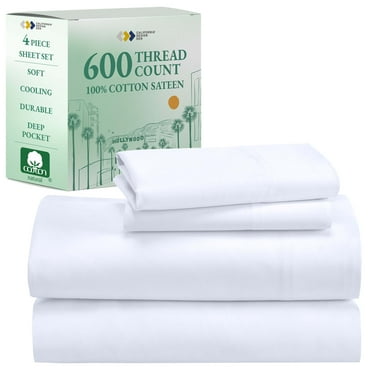 California Design Den 100% Cotton Queen Sheets Set - Luxury 600 Thread Count 100% Cotton Sheets Queen, Sateen Deep Pocket Cooling Sheets, Adult/Teen 4 Piece Bed Sheet Set - White