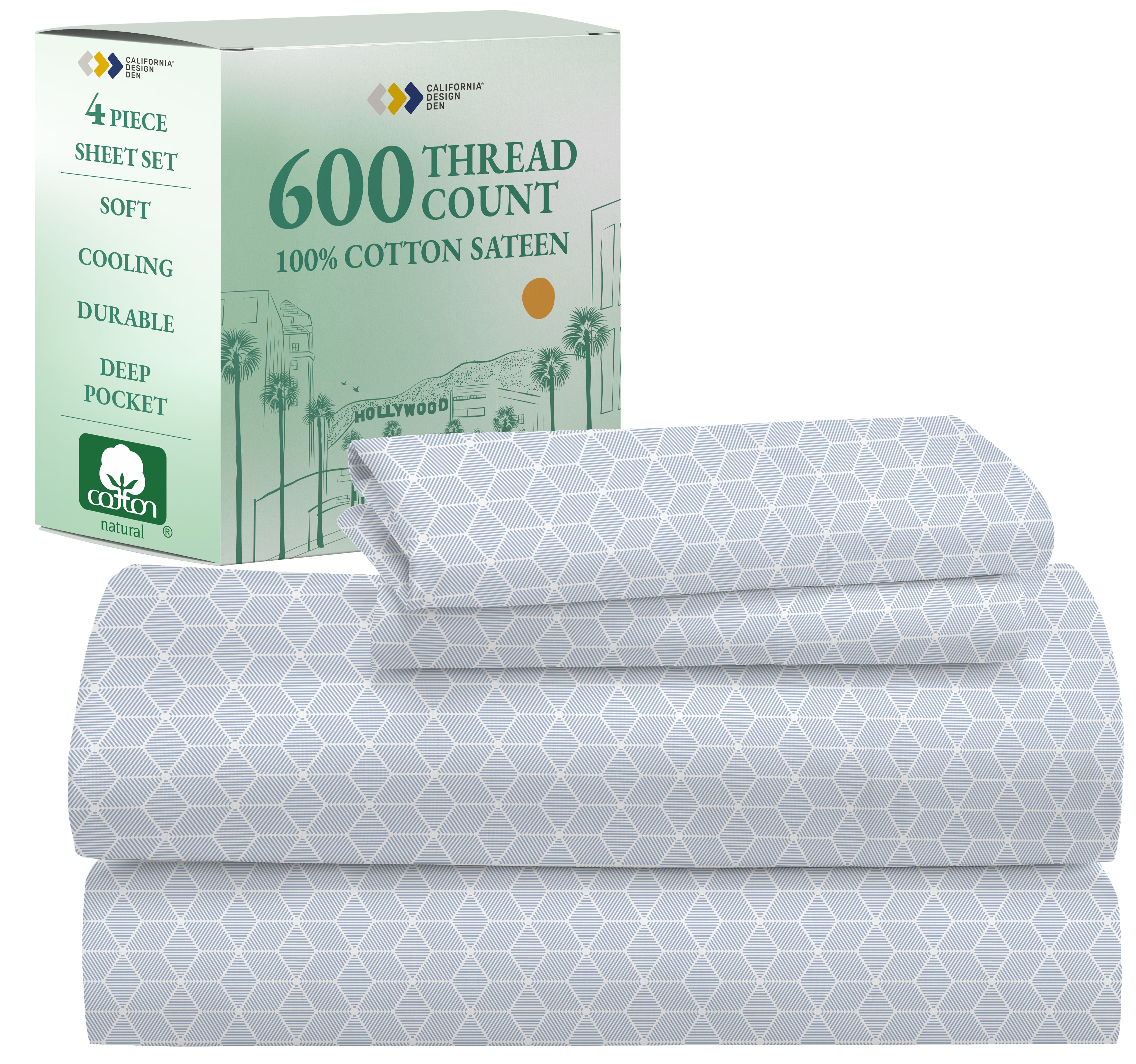 King Size Urban Hex Blue Cotton Sateen Sheet Set
