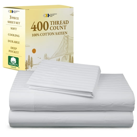 California Design Den 100% Cotton Twin Sheet Set - Soft Sateen, Deep Pocket White Striped Sheets, Durable Sheet & Pillowcase Sets - Striped White