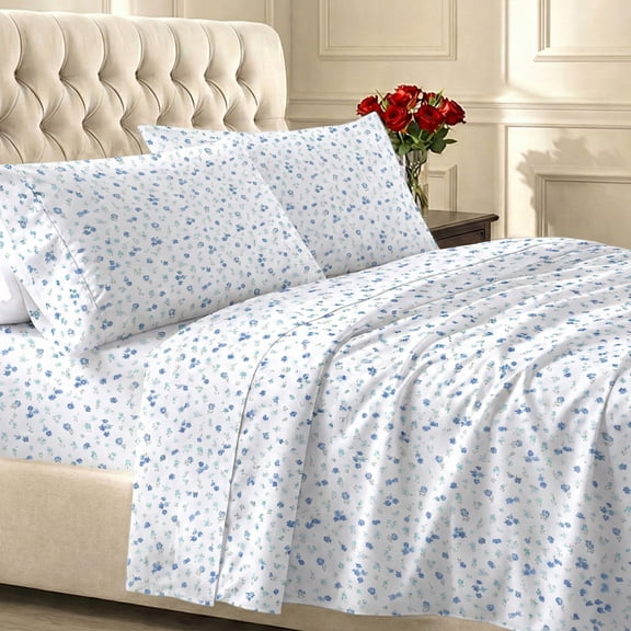 California Design Den 100% Cotton Twin Sheets Set - 400 Thread Count Sateen Sheets, Twin Sheet Set, Breathable 3 Piece Adult/Teen Bedsheets - Floral Print (White/Blue)