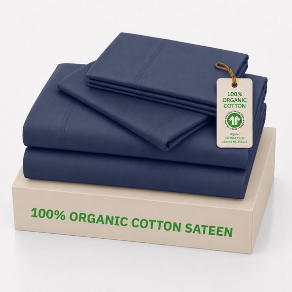 California Design Den 100% Organic Cotton Bedsheets Queen Size Bed Set - Soft and Lightweight Sateen, Deep Pocket Sheet Set Queen Size - Navy