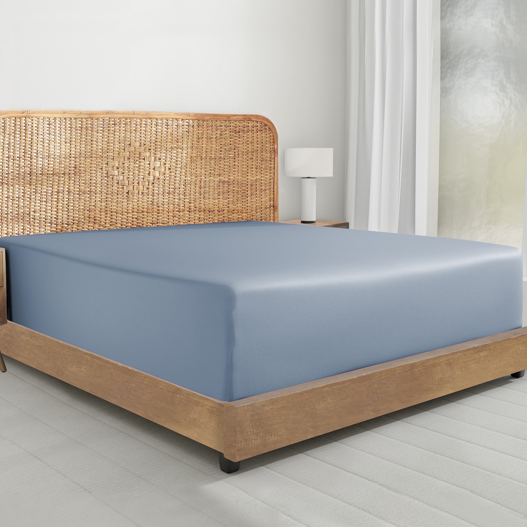 Full Blue Organic Cotton Percale Deep Pocket Fitted Sheet