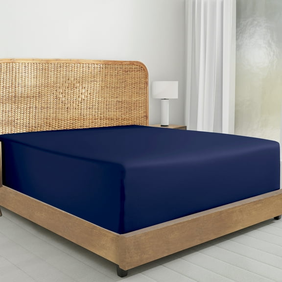 California Design Den 100% Organic Cotton Percale Twin Fitted Sheet Only, Soft, Crisp, Deep Pocket, Snug-Fit with Special Elastic, Side Indicators - Navy Blue