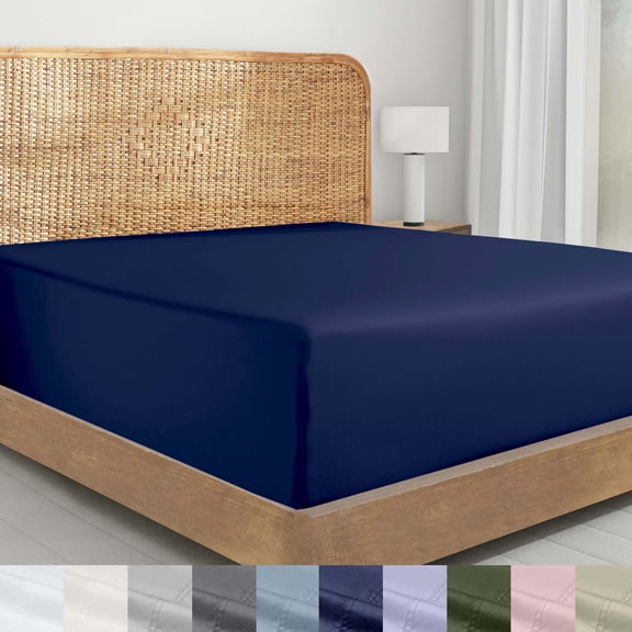 California Design Den 100% Organic Cotton Percale Twin Fitted Sheet Only, Soft, Crisp, Deep Pocket, Snug-Fit with Special Elastic, Side Indicators - Navy Blue