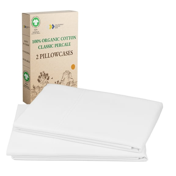 California Design Den 100% Organic Cotton Pillow Cases Set of 2, Standard Pillow Cases, Soft Percale Weave Cotton Pillowcases, Bright White