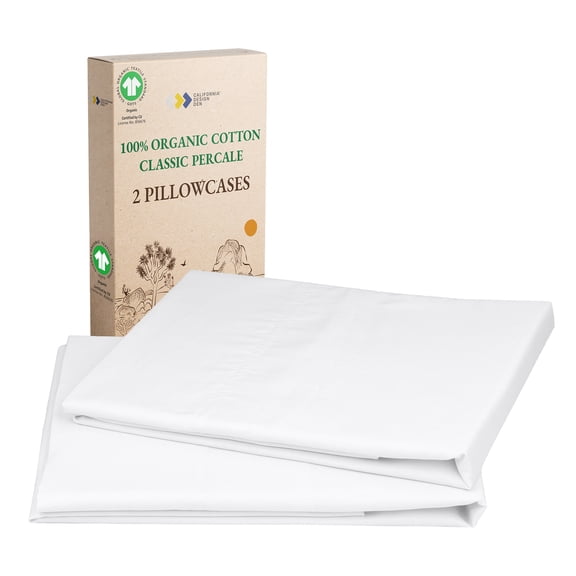 California Design Den 100% Organic Cotton Pillow Cases Set of 2, Standard Pillow Cases, Soft Percale Weave Cotton Pillowcases, Bright White