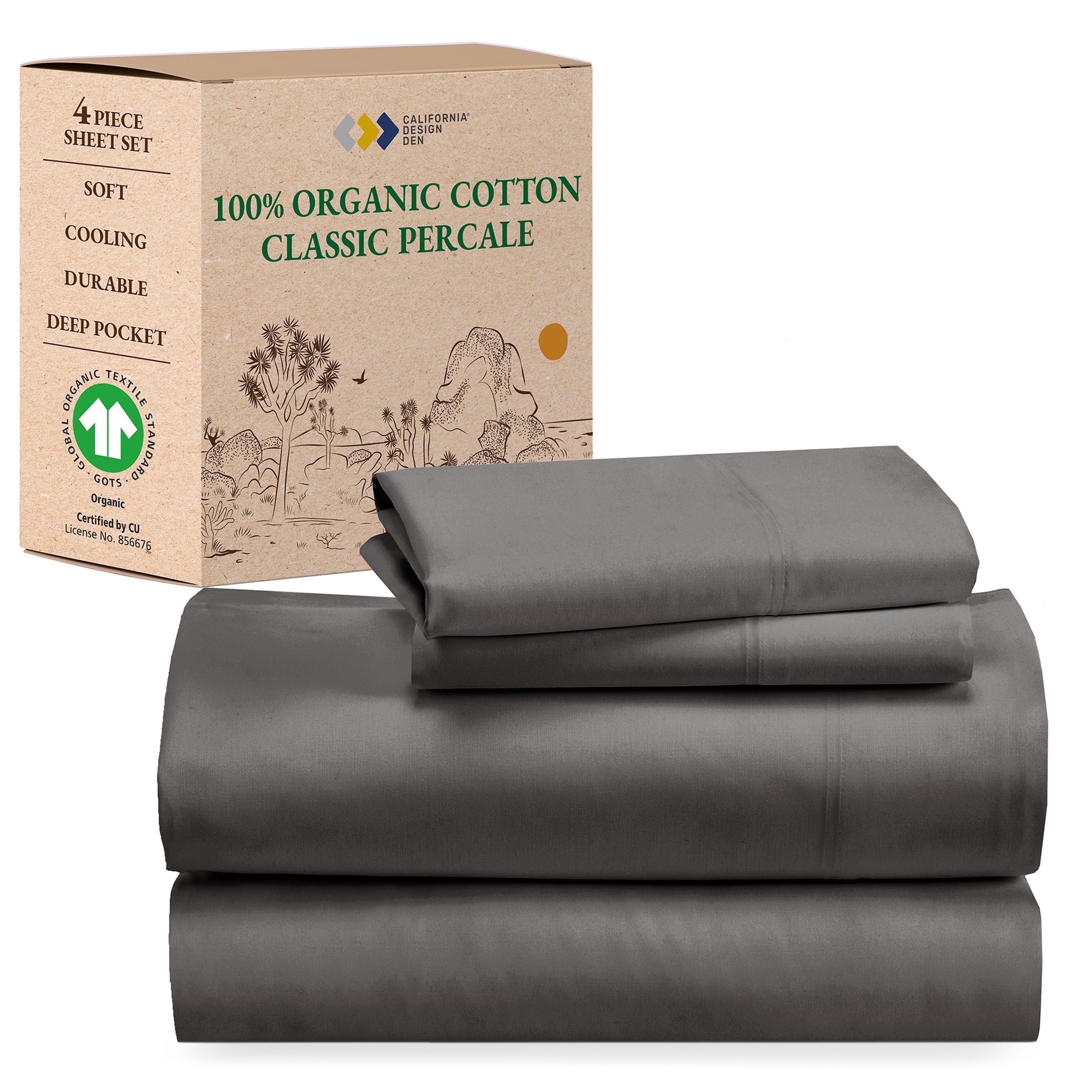 California King Gray Organic Cotton Percale Deep Pocket Sheet Set