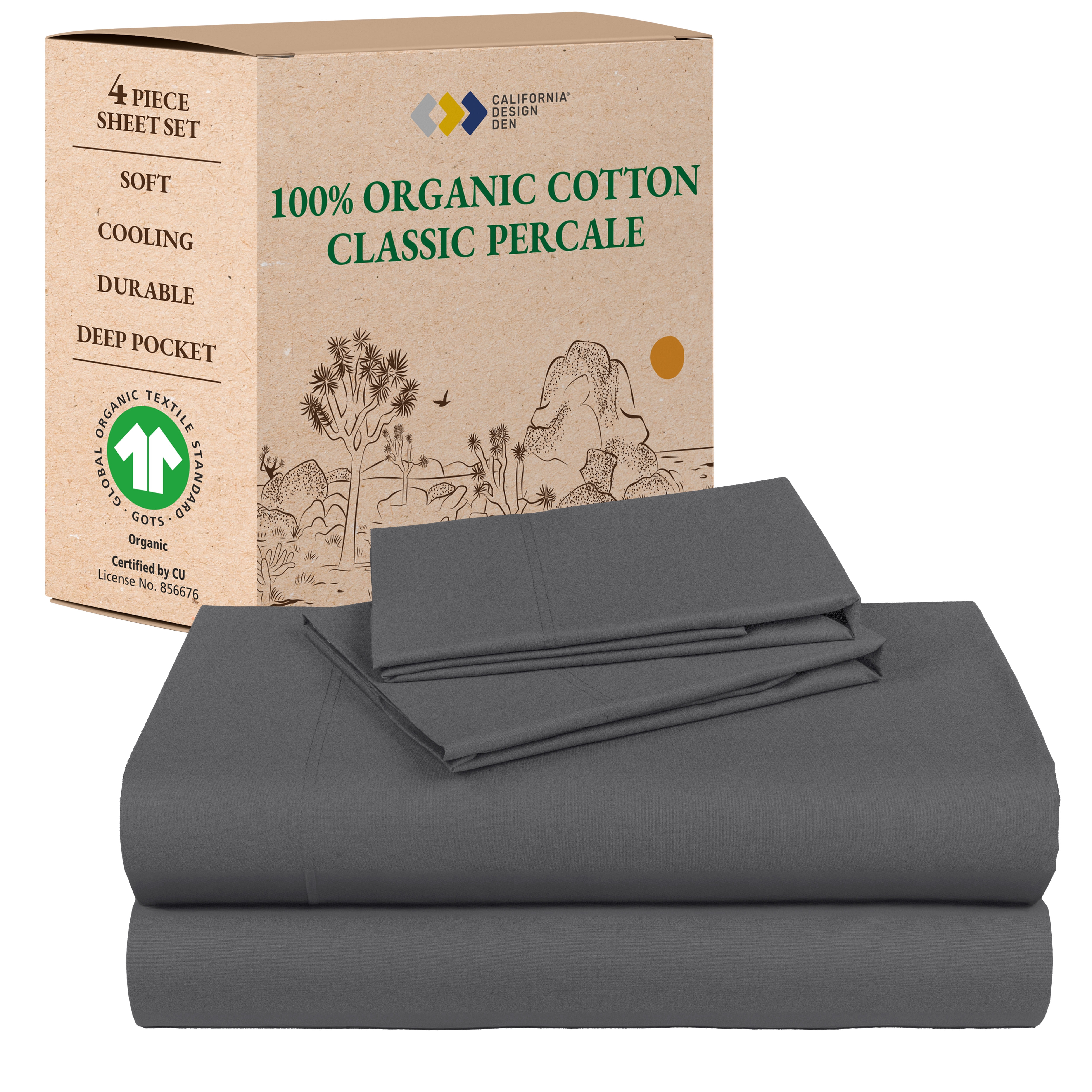 California Design Den 100% Organic Cotton Sheets Set - Percale, Deep Pocket Queen (Grey)