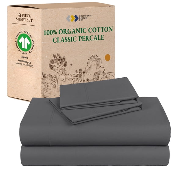 California Design Den 100% Organic Cotton Sheets Set - Percale, Deep Pocket Queen (Grey)
