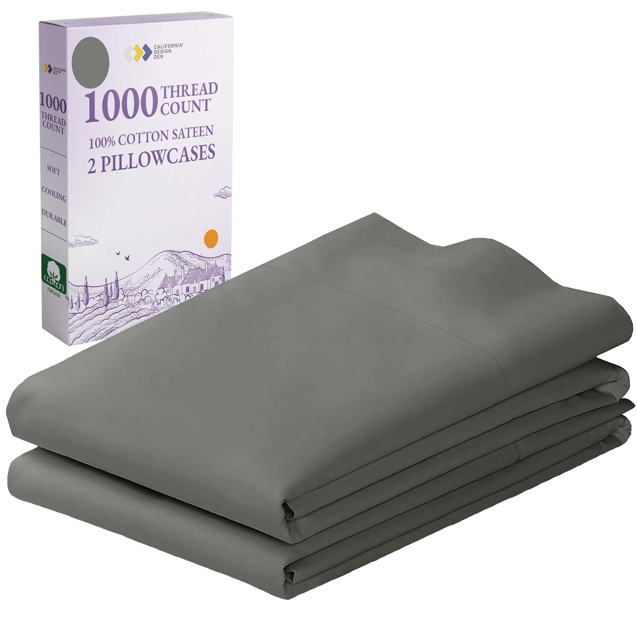 Gray 1000 Thread Count Cotton Sateen Standard/Queen Pillowcase Set