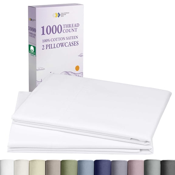 California Design Den 1000 Thread Count Standard Pillow Cases, 100% Cotton Sateen Weave, Soft Refined Set of 2 Standard Pillow Cases Fit Standard or Queen Size Pillows, Bright White
