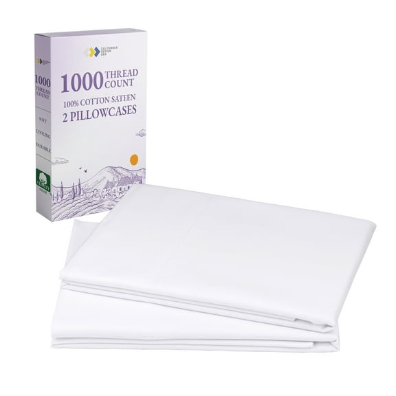 California Design Den 1000 Thread Count Standard Pillow Cases, 100% Cotton Sateen Weave, Soft Refined Set of 2 Standard Pillow Cases Fit Standard or Queen Size Pillows, Bright White