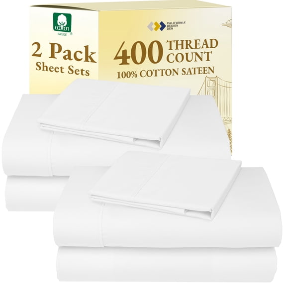California Design Den 2-Pack 100% Cotton Sateen- 400 Thread Count Twin XL Sheets, 2 Deep Pocket - Antique White