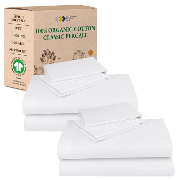 California Design Den 2-Pack 100% Organic Cotton Queen Sheet Set - Crisp Percale, Deep Pocket Queen Sheets 2 Pack, Durable Bedding Set - White
