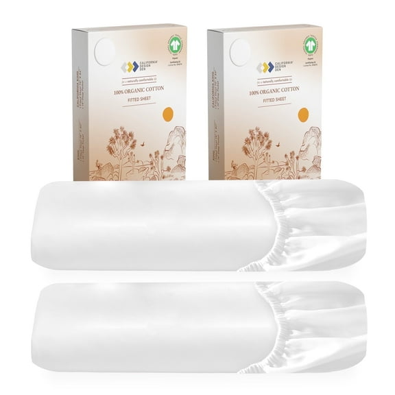 California Design Den 2-Pack 100% Organic Fitted Sheet King Size, Percale Weave, Lightweight & Crisp King Fitted Sheet With Snug-Fit, King Deep Pocket Fitted Sheet - Bright White