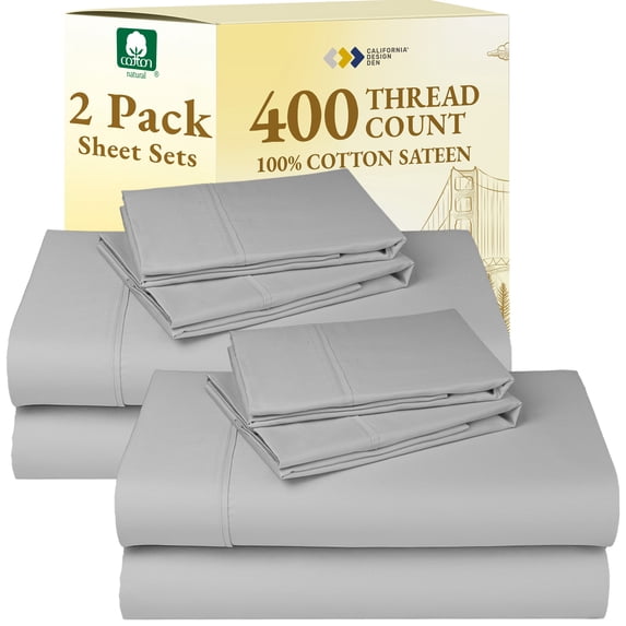 California Design Den 2-Pack 400 Thread Count 100% Cotton Full Size Sheet Sets - Extra Soft, Breathable 2 Sets of Deep Pocket Bed Sheets - Light Grey