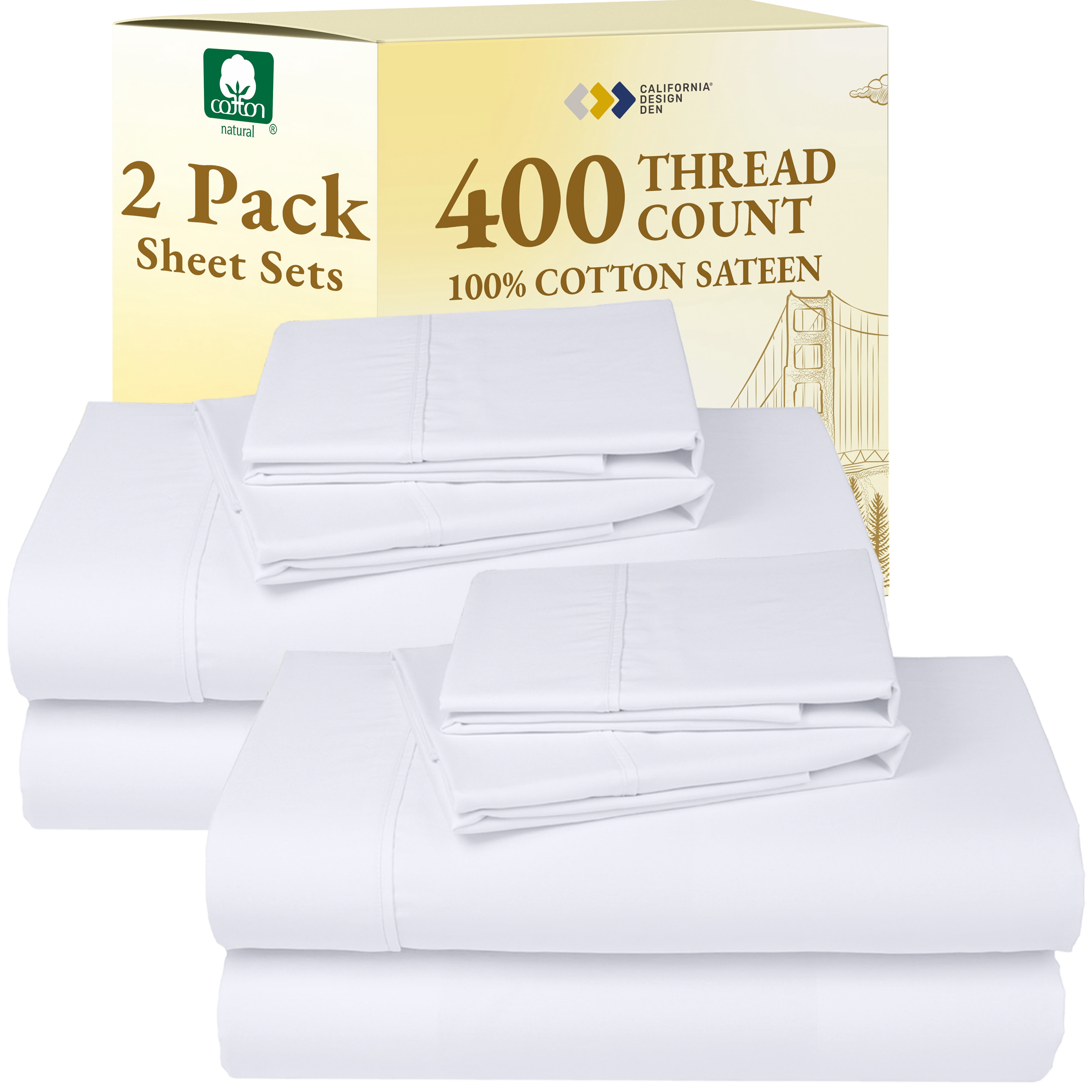 California Design Den 2-Pack Queen Bedsheet Sets - 400 Thread Count 100% Cotton Sateen - Soft and Breathable Sheets, 2 Sets of Deep Pocket Bed Sheets - Bright White