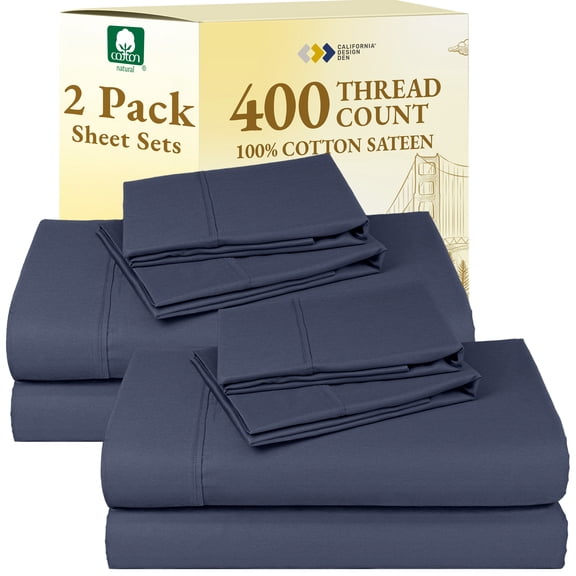 California Design Den 2-Pack Sheet Sets Queen Size - 400 Thread Count 100% Cotton Sateen -Soft, Breathable 2 Sets of Deep Pocket Bed Sheets Indigo Dusty Blue