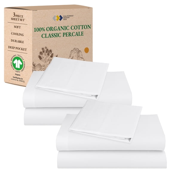 California Design Den 2 Pack Twin Bed Sheets Sets - 100% Organic Cotton, Crisp Percale, Deep Pocket White Bed Sheets, Durable Bedding Set - White