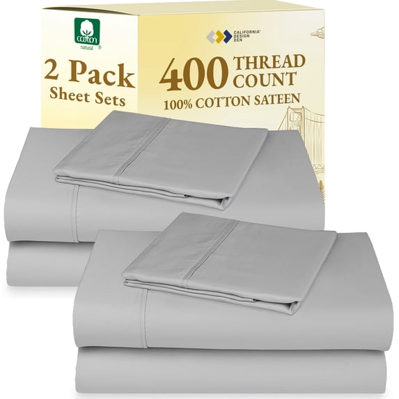 California Design Den 2-Pack Twin Cotton Sheet Sets - 400 Thread Count 100% Cotton Sateen - Extra Soft, Breathable 2 Sets of Deep Pocket Bed Sheets - Light Grey
