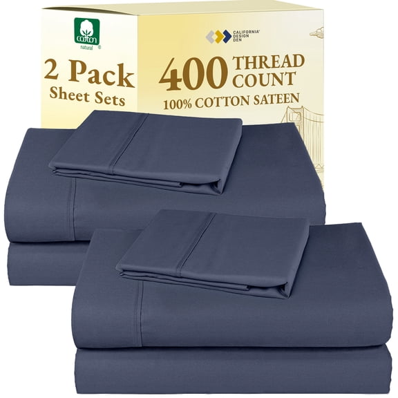 California Design Den 2-Pack Twin XL Sheet Sets - 400 Thread Count 100% Cotton Sateen, Soft & Breathable, Deep Pocket Bed Sheets -Indigo Dusty Blue