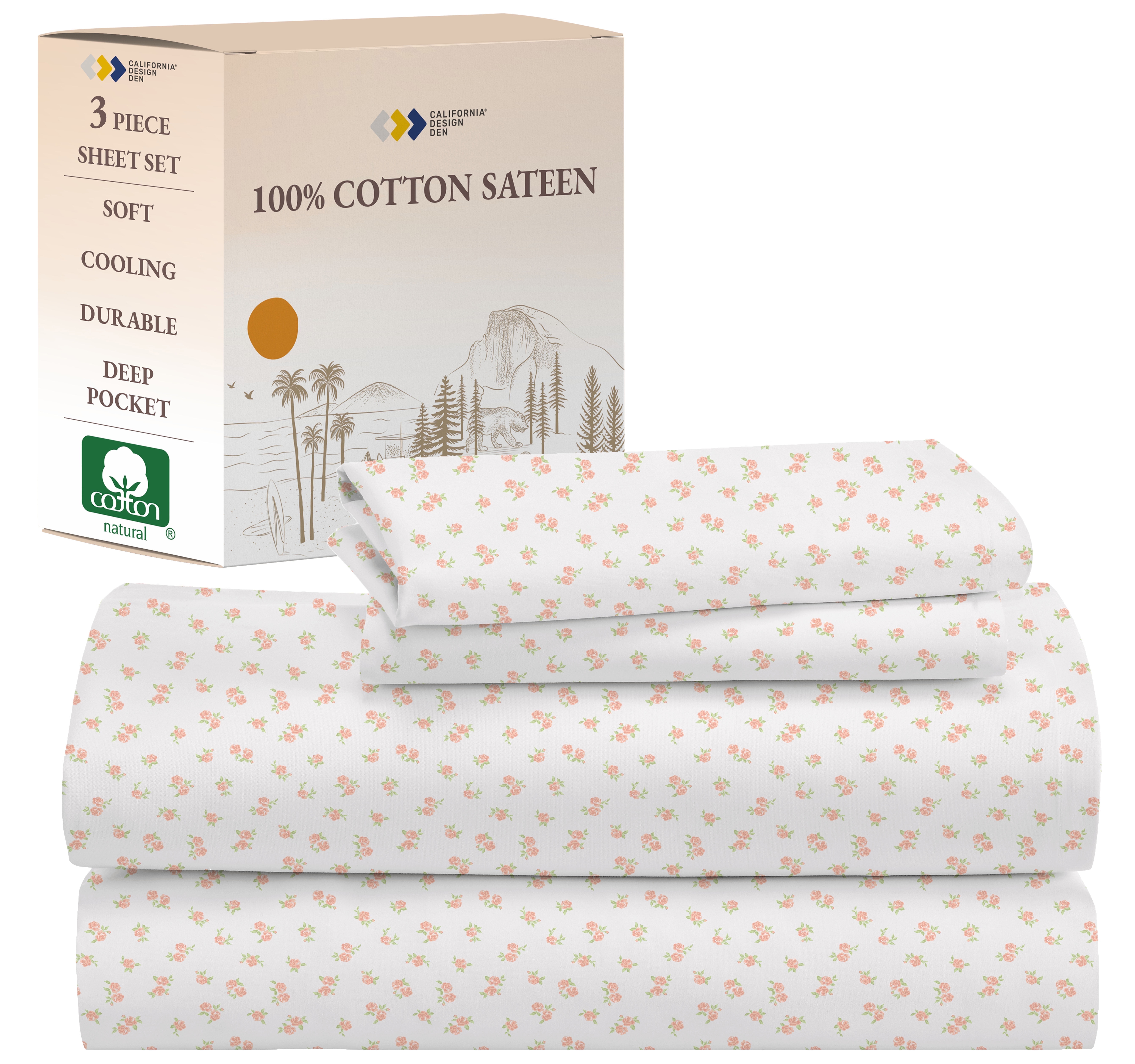 Chic Floral Twin Size Cotton Deep Pocket Sheet Set