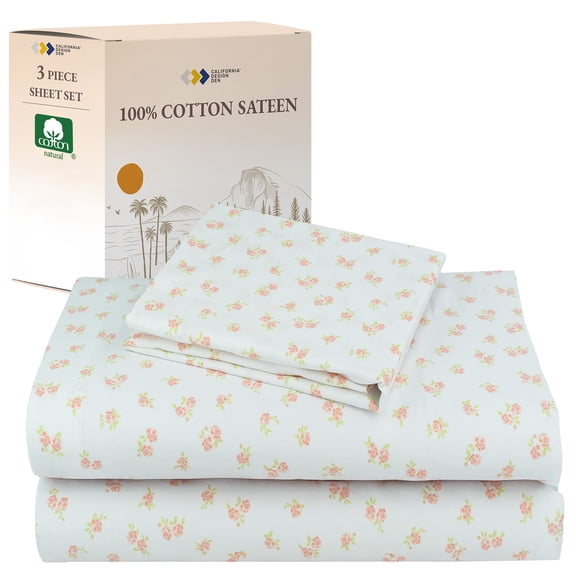 California Design Den 3 Piece Printed Floral Sheet Set - Twin Size Sheets, 100% Cotton Twin Sheets, Sateen Weave, Deep Pockets - Chic Floral