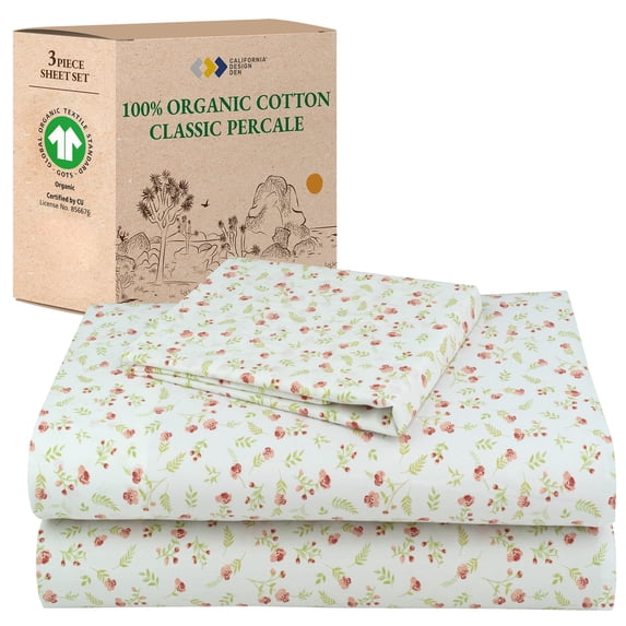 California Design Den 3-Piece Printed Twin Size Sheets Set - 100% Organic Cotton Percale, Deep Pocket, - Floral