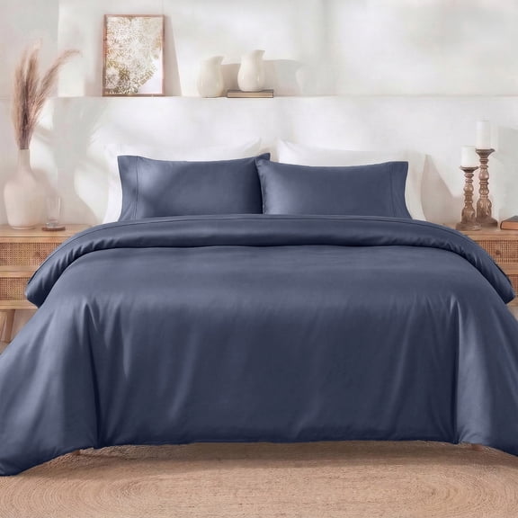 California Design Den 3-Piece Queen Duvet Cover Set, 400 Thread Count 100% Cotton Queen Size Set, Soft Sateen - Indigo Dusty Blue
