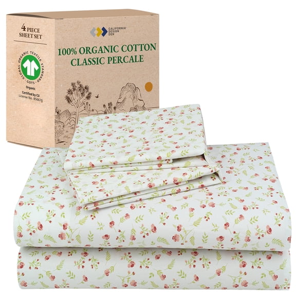 California Design Den 4-Piece Printed California King Bed Sheets Set - 100% Organic Cotton Percale, Deep Pocket - Floral Print