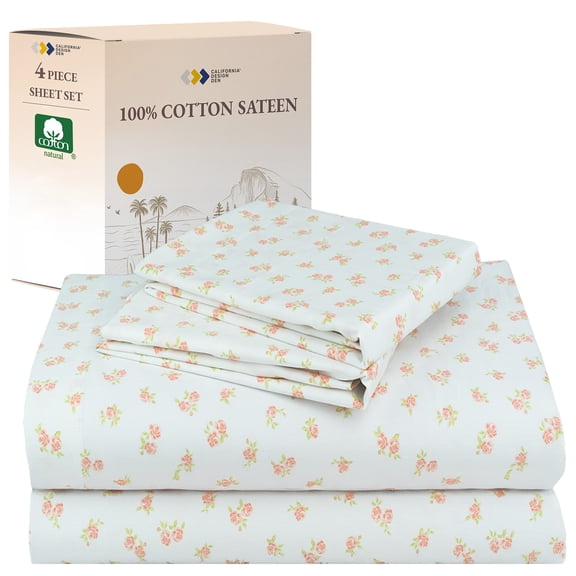 California Design Den 4 Piece Printed Floral Bed Sheets Queen Size Set - 100% Cotton Sheets Queen, Soft Sateen Bedsheets, Deep Pocket Queen Sheets - Chic Floral Sheet Set