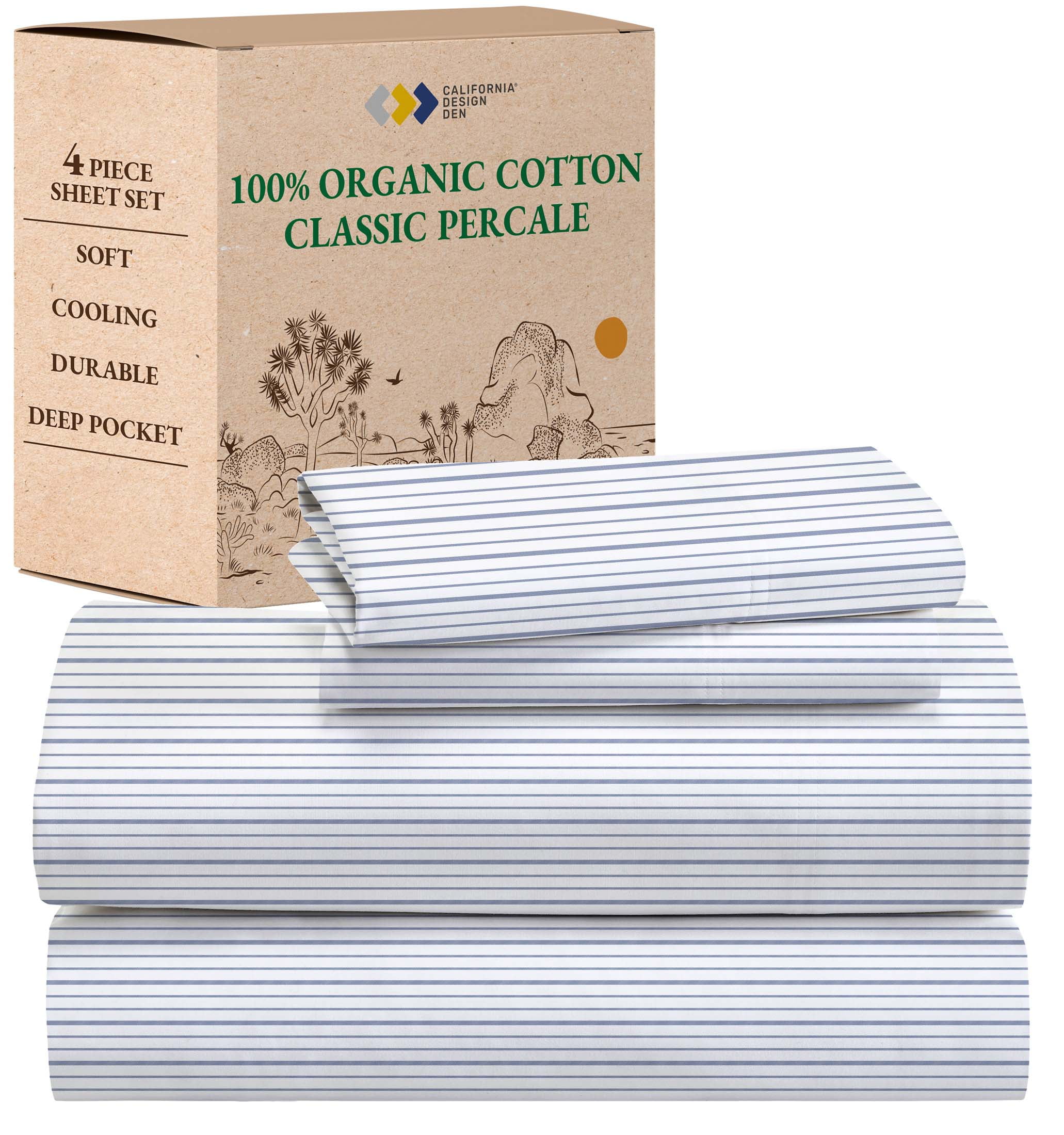 Full Size Blue Stripe Organic Cotton Percale Sheet Set