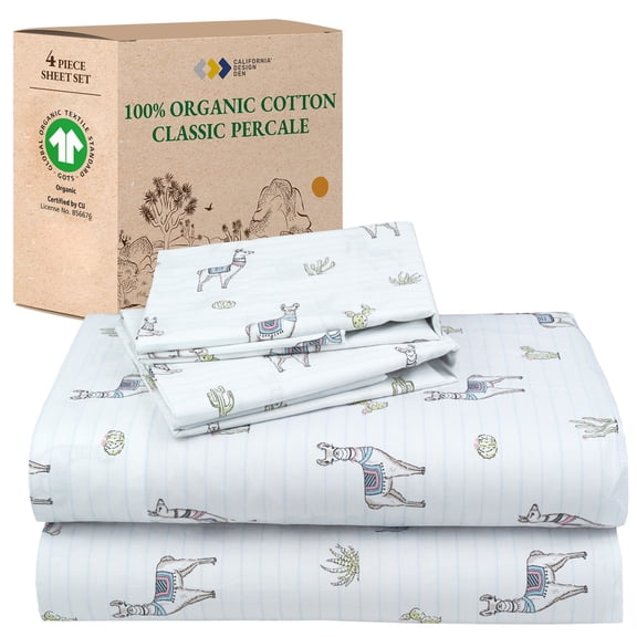 California Design Den 4-Piece Printed King Size Sheets Set - 100% Organic Cotton Percale, Deep Pocket - Llama Print