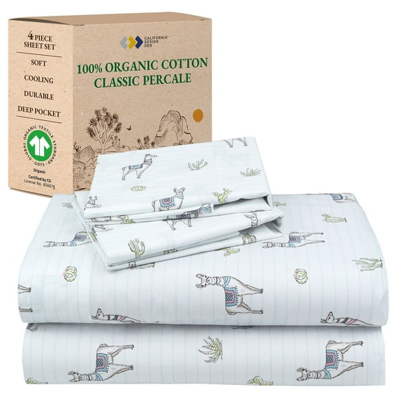 California Design Den 4-Piece Printed Queen Sheet Set - 100% Organic Cotton Percale, Deep Pocket - Llama