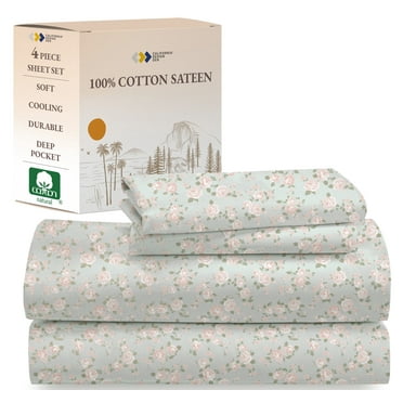 California Design Den 4 Piece Vintage Rose Printed King Bed Sheets Set - 100% Cotton Bedding Set, Sateen Sheets King Size, Deep Pockets King Sized Sheets Set - Vintage Rose