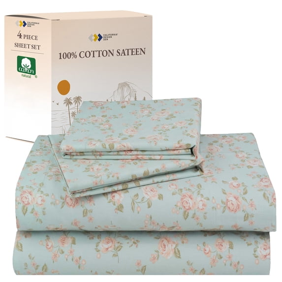 California Design Den 4 Piece Vintage Rose Printed Queen Sheet Sets - 100% Cotton Sateen Queen Size Bed Sheets, Deep Pocket Bedding Set - Vintage Rose