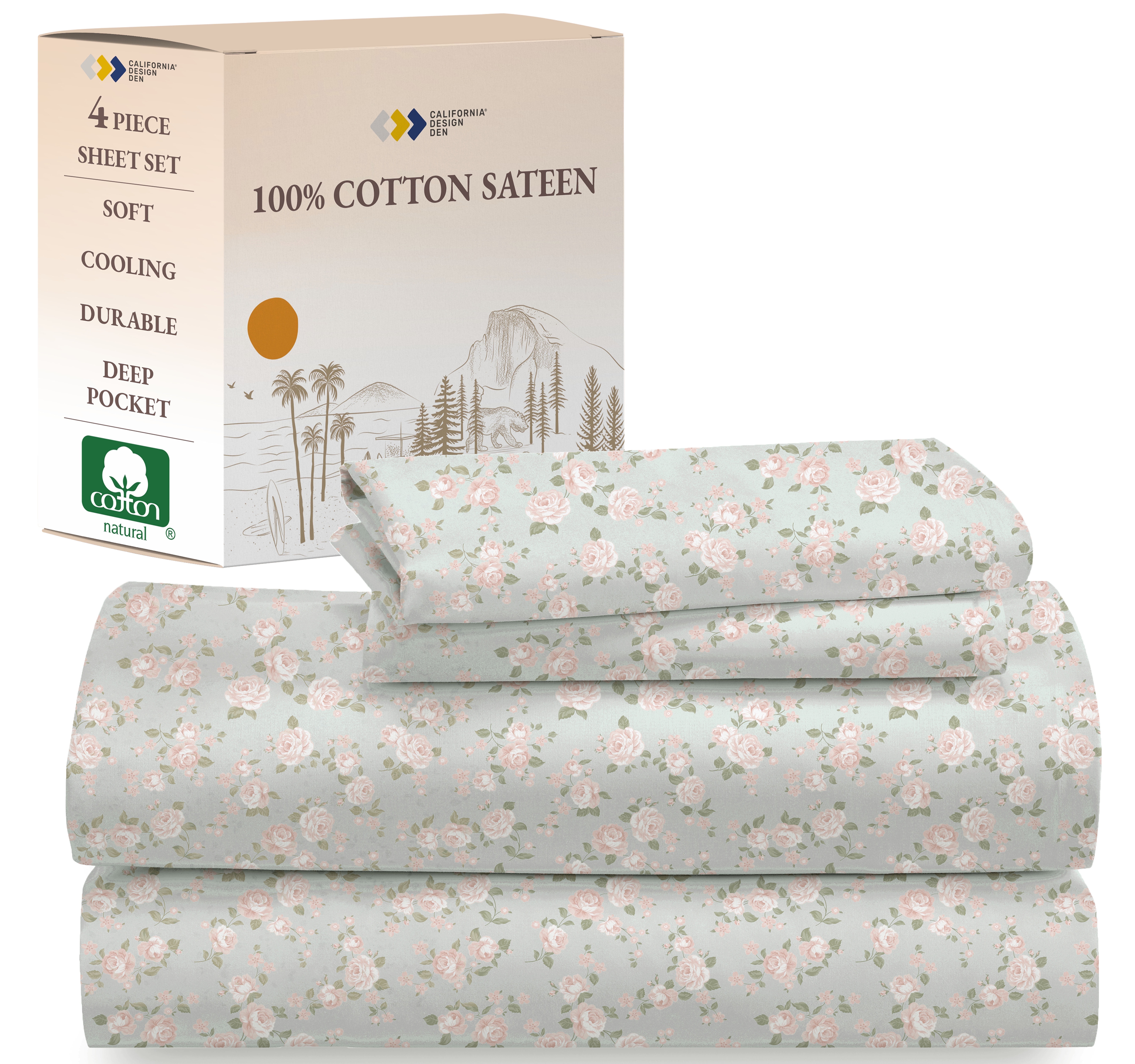 Vintage Rose Print Cotton Queen Deep Pocket Sheet Set